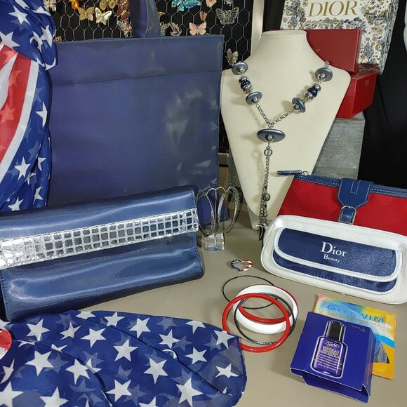 Dior Beauty Bundle Blue Tote Red Blue Pouches Star Scarf Jewelry Clutch More - Picture 6 of 6
